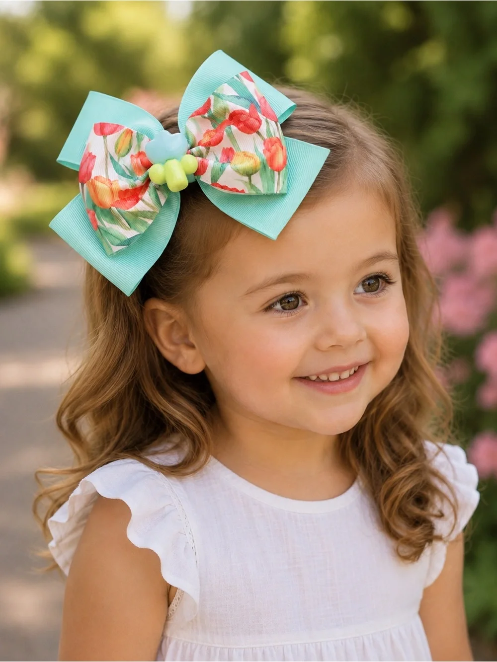Girls Multicolor Floral Tulip Hair Bow Large Grosgrain Ribbon Alligator Clip